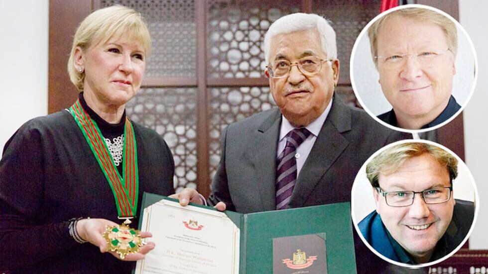Persona non grata. Bilden är från när Mahmoud Abbas dekorerade utrikesminister Margot Wallström med "Grand star of the order of Jerusalem" 15 december 2016.
