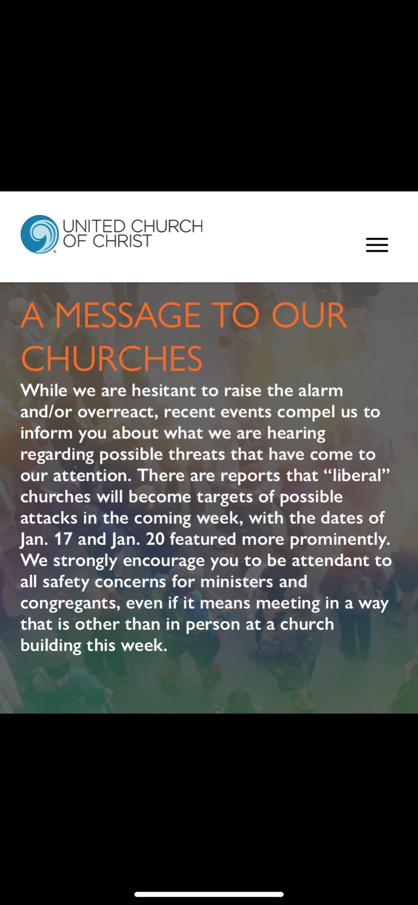 United church of Christ varnar för attacker mot deras kyrkor inför Bidens installation.