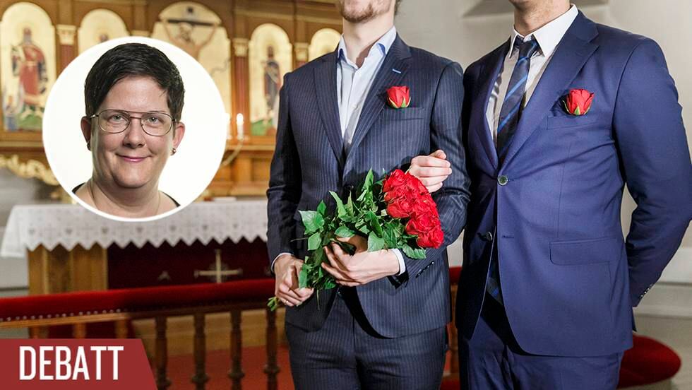 Gayäktenskap i kyrkan. Par och blommor.