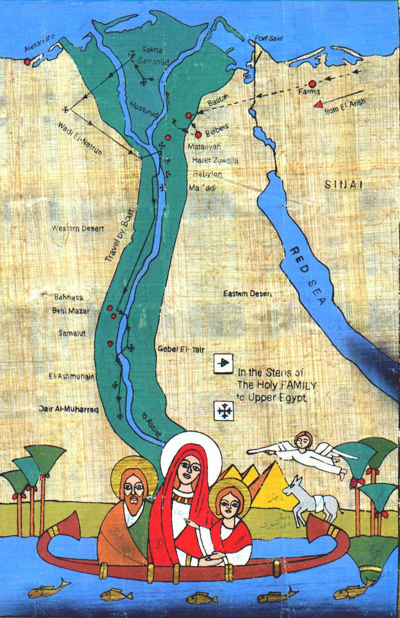 Den koptiska kyrkan har kartor över den flyktväg som Maria, Josef och Jesus ska ha tagit under tiden i Egypten. 