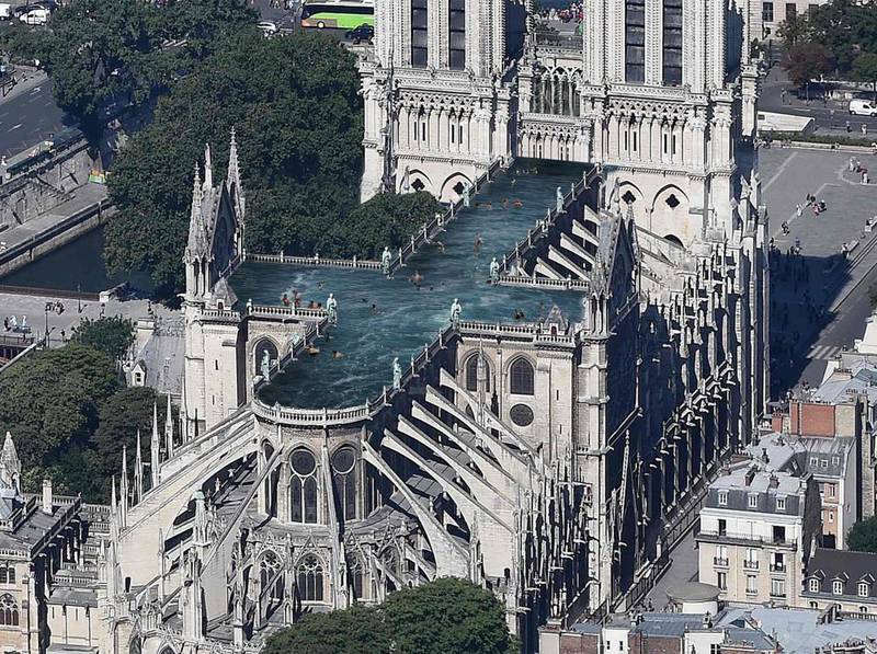 En svensk arkitektbyrå föreslår att taket på Notre Dame förses med en korsformad swimmingpool.