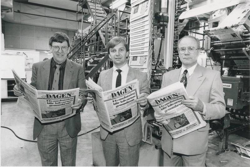 1991. En Dagen-trojka på tryckeriet. Olof Djurfelt, Arne Winerdal och Olle Widlert.