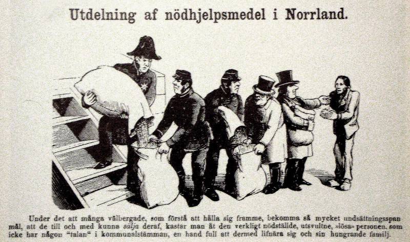 Hungerår i Sverige. Illustration av den utländska nödhjälpen i norra Sverige 1867.