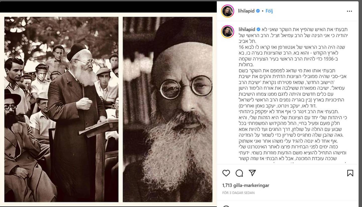 Lihi Lapid, fru till Israels premiärminister, visar på Instagram att hennes farfarsfar var överrabbin.