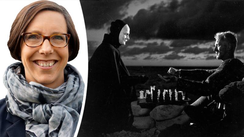 Schack mot döden i Ingemar Bergmans "Det sjunde inseglet". Infälld bild på Åsa Molin.