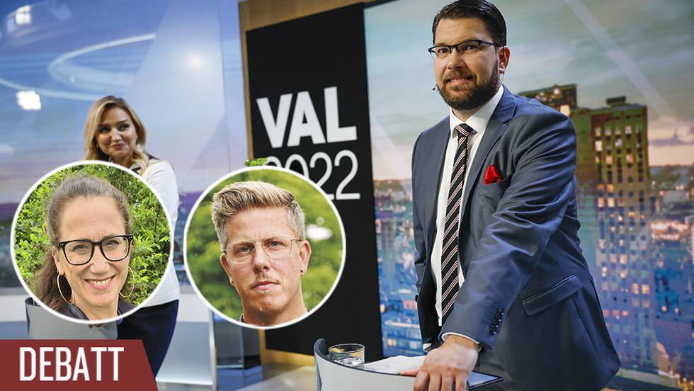 Sverigedemokraternas partiledare Jimmie Åkesson (th) och Kristdemokraternas partiledare Ebba Busch inför partiledardebatt i TV4.