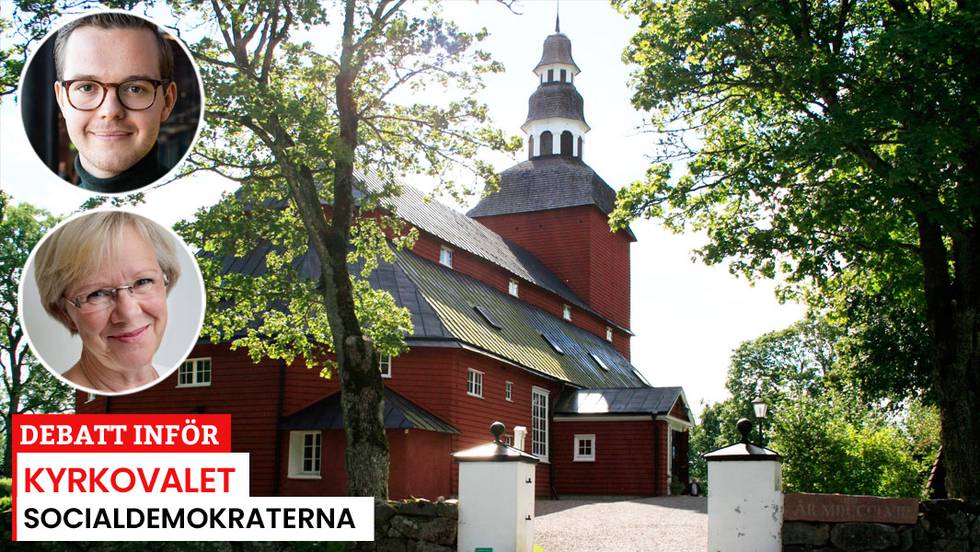 Habo kyrka, exteriör under en fin vårdag. Infällda bilder på Jesper Eneroth och Wanja Lundby Wedin.