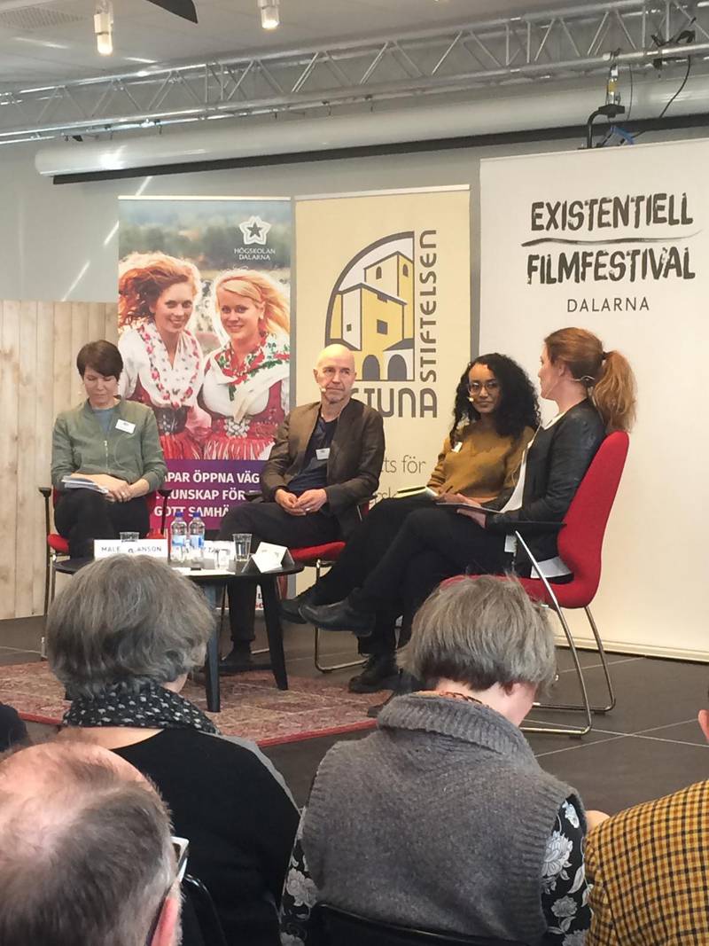 Filmvetaren Malena Jansson, dokumentärfilmaren Gellert Tamas och journalisten Judith Kiros diskuterar vad som ger dem hopp under Existentiell filmfestival 2019 i Falun.
