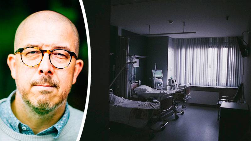 En sjukhussal med tomma sängar i dunkelt ljus. Infälld bild på Fredrik Lignell.