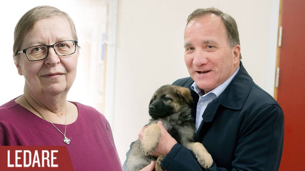 Stefan Löfven med hundvalpen Revir i famnen. Infälld bild på Elisabeth Sandlund.
