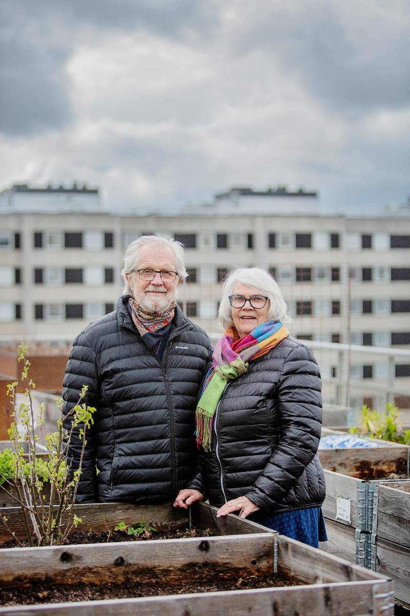 Fotograferingen skedde bland blomlådorna på husets takterrass. Med hjälp av ett teleobjektiv kunde Dagens fotograf hålla flera meters avstånd till Stig och Rut.