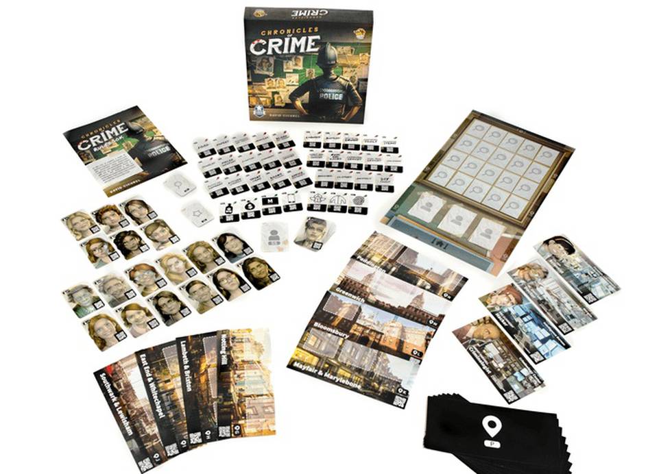 Komponenter och spelomslag till brädspelet Chronicles of Crime