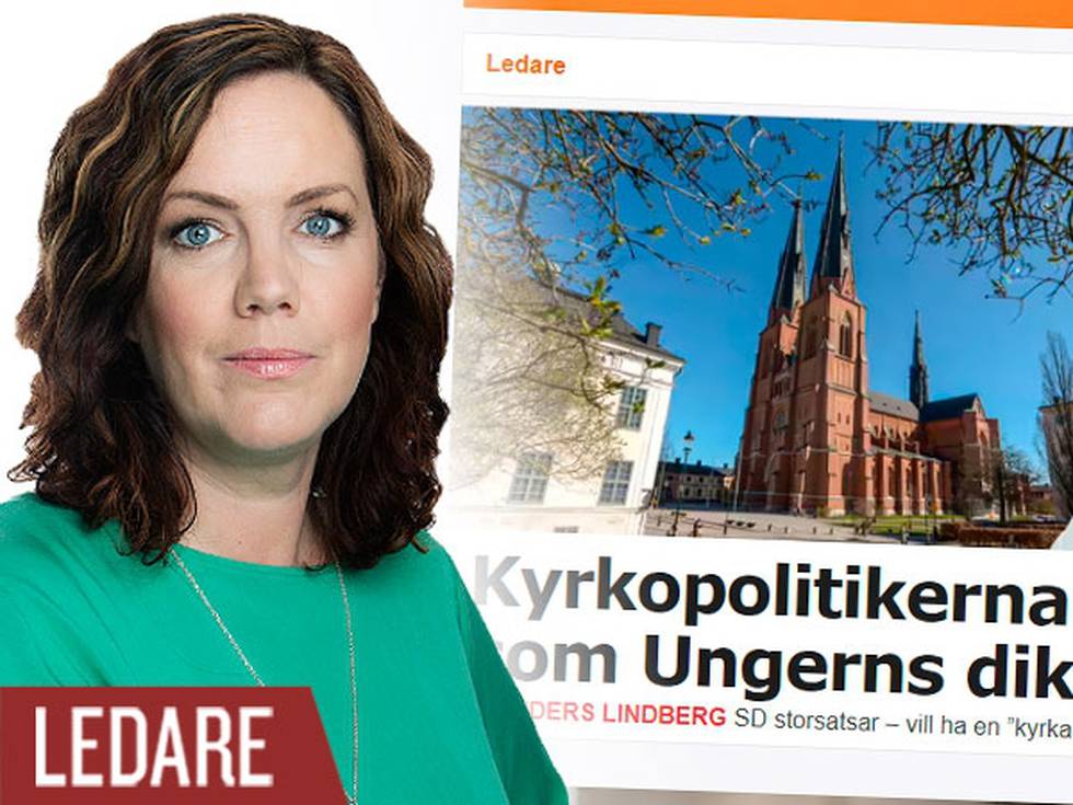 Skärmdump på ledarartikel i Aftonbladet med rubriken "Kyrkopolitikerna låter som Ungerns diktator". Infälld bild på Frida Park.