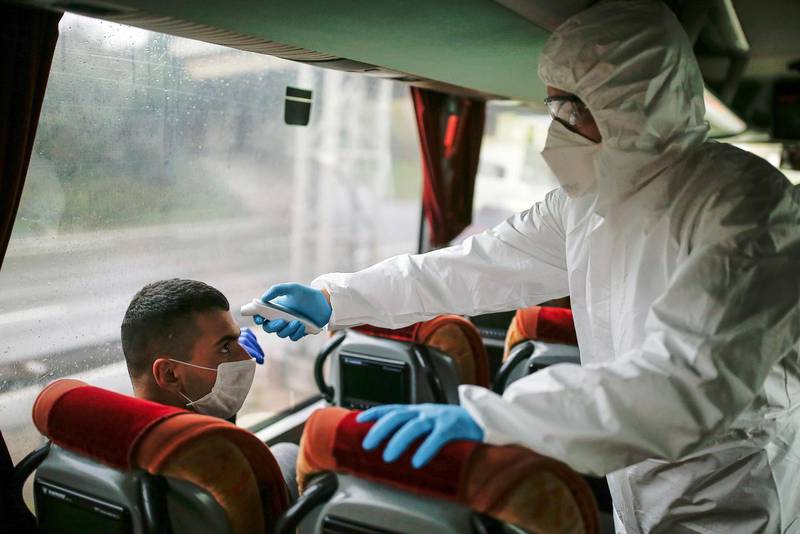 Referenser som talar om viruset som kinesiskt eller asiatiskt spär på fördomar och hat, menar WHO. På bilden kollar en hälsoarbetare kroppstemperaturen på en busspassagerare i Istanbul, Turkiet.