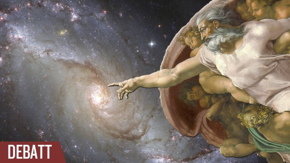 Bildmontage med klassisk Michelangelo målning och bild på en galax i universum.
Guds hand.