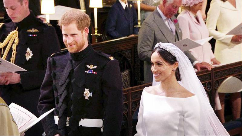 Storbritanniens prins Harry och Meghan Markle under bröllopsceremonin i St. George’s chapel.