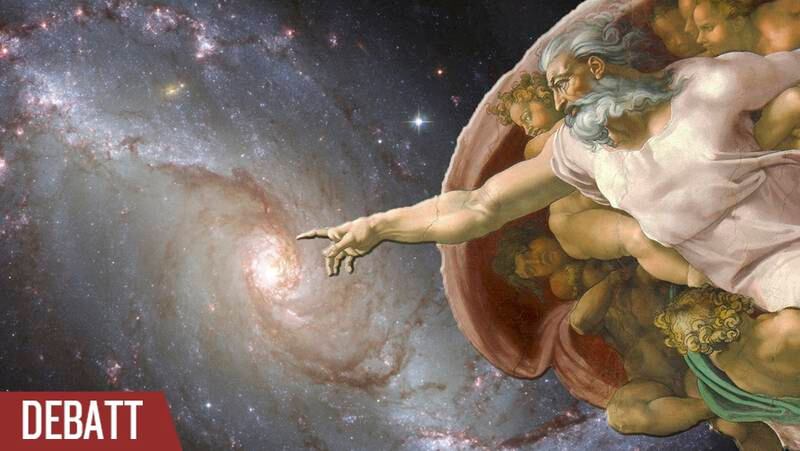 Bildmontage med klassisk Michelangelo målning och bild på en galax i universum.
Guds hand.