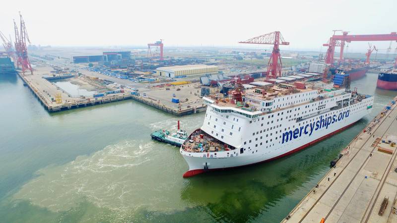 Just nu byggs Mercy Ships nya fartyg Global Mercy i hamnstaden Tianjin i nordöstra Kina. Bilden visar hur fartyget såg ut i slutet av september 2019.