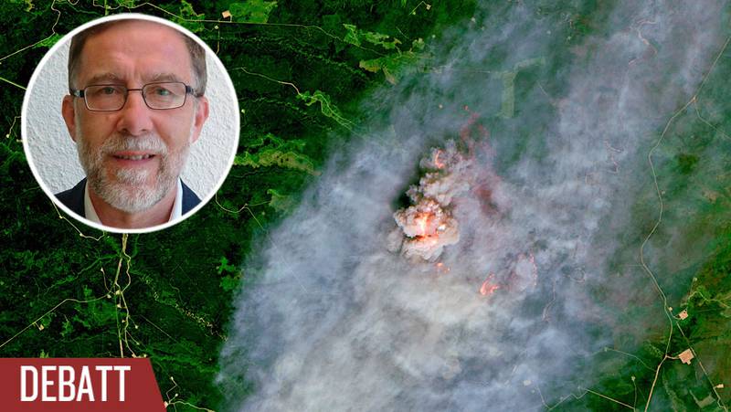 Satellitbild som visar en skogsbrand i British Columbia. Infälld bild på Anders Eriksson.
