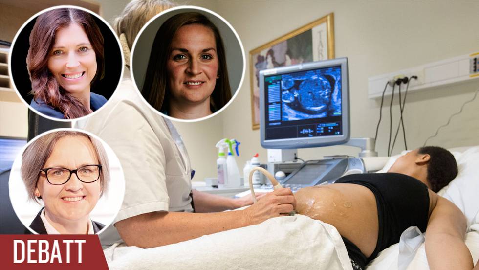 En barnmorska utför en ultraljudsundersökning på en gravid kvinna (båda anonyma). Infällda bilder på Johanna Byman, Cecilia K Björfjell och Brita Storlund.