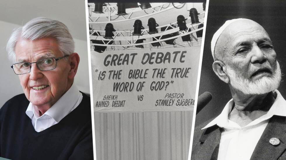 Den stora debatten mellan apologeten Ahmed Deedat och pingstpastorn Stanley Sjöberg. Året är 1991 och de möts för att diskutera Bibeln och Jesus.
