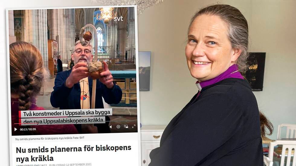 Två konstsmeder har fått uppdraget att bygga biskop Karin Johannessons nya kräkla. En stav som bland annat ska skydda mot onda tankar. Skärmbild från SVT Nyheter.