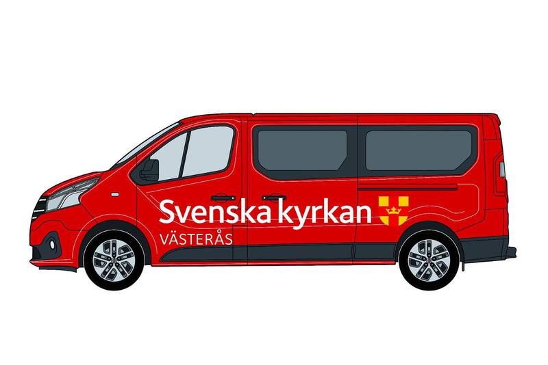 En skiss som visar hur den nya kyrkbussen i Västerås ser ut. Den kommer bland annat att skjutsa församlingsbor från Rönnby till Önsta Gryta kyrka.