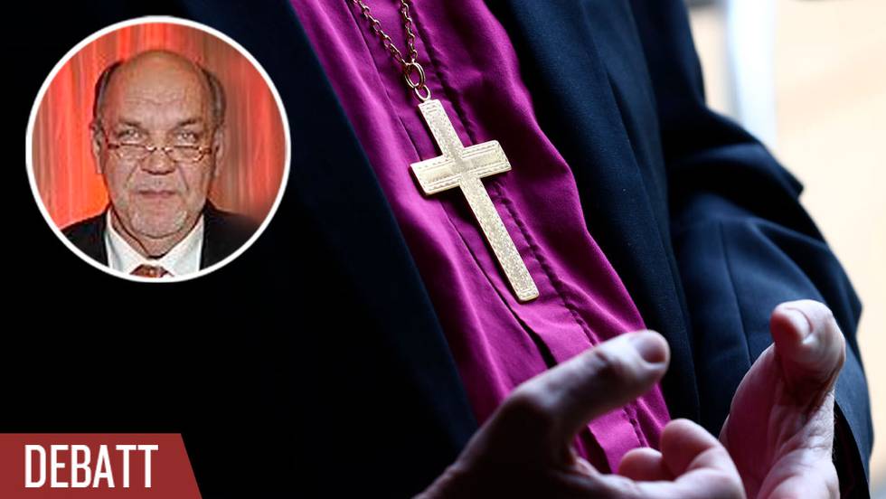 Anonym biskop i ämbetsskjorta och med stort kors i kedja. Infälld bild på debattören Anders Zackrés.