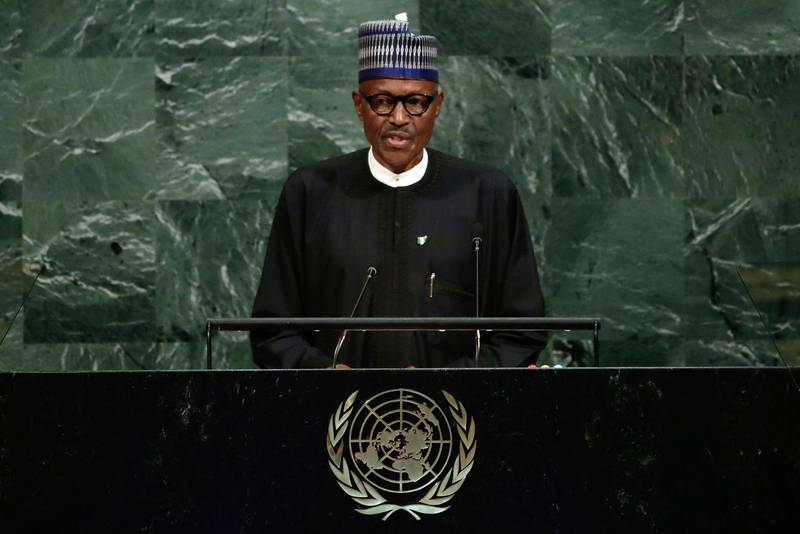 President Muhammadu Buhari talar i FN.