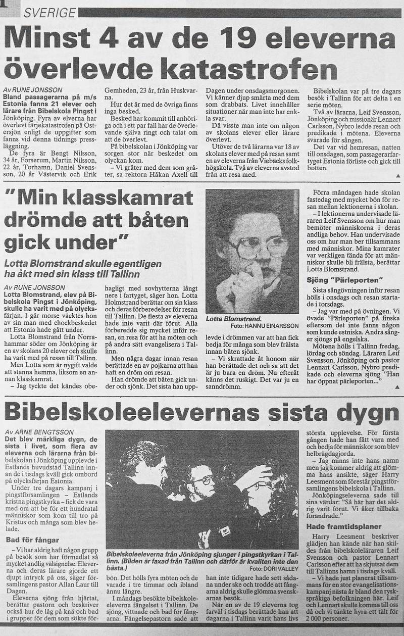 Artiklar i Dagen efter färjekatastrofen 1994.