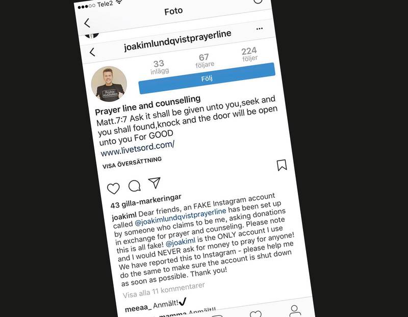 Livets ord-pastorn Joakim Lundqvist varnar för falskt Instagramkonto.