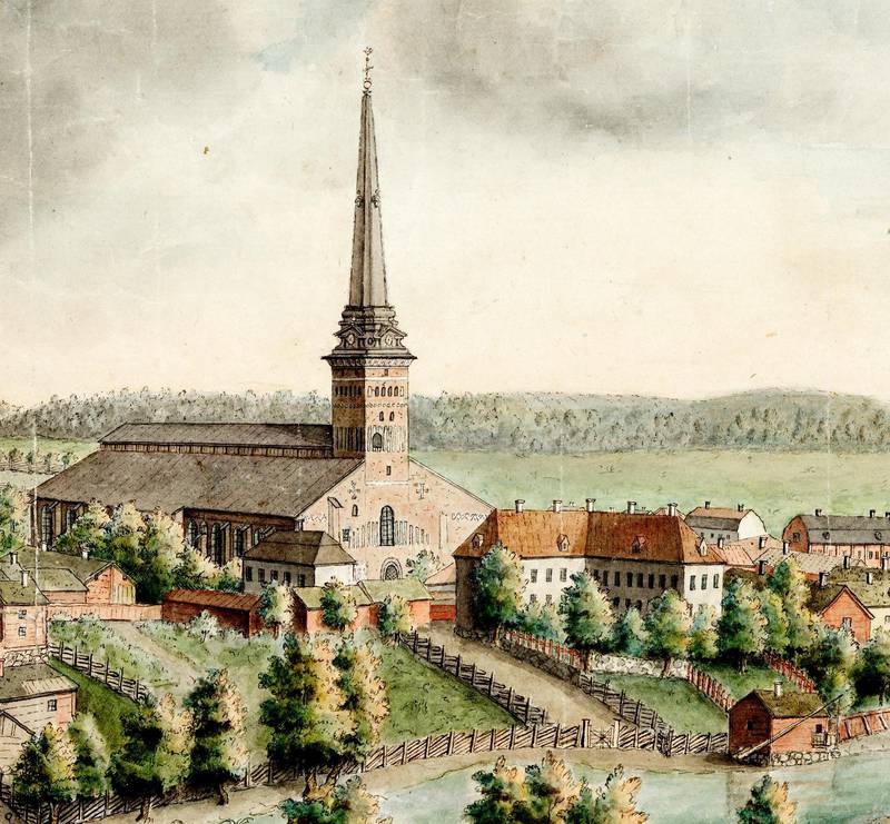 Västerås domkyrka med biskopsgården på en akvarell från 1780 tillskriven Elias Martin.