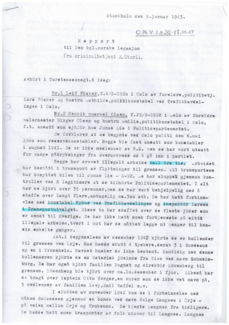 Protokoll från förhör med Leif Føsker och Henrik Olsen på norska legationen i Stockholm 1943.