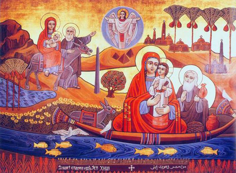 Vanligtvis brukar en ikon föreställa Jesus. Men i Egypten finns det ikoner där även Maria och Josef är med, under tiden familjen var på flykt. 