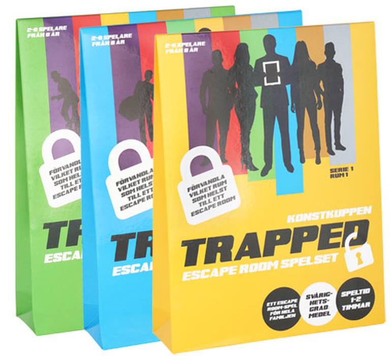 Omslag, tre versioner av spelet Trapped.