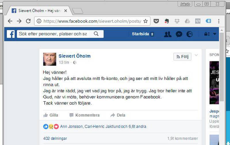 Siewert Öholms stänger ner sin Facebooksida.