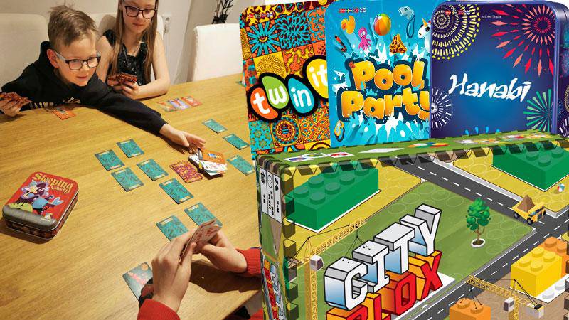 Tre barn spelar spelet Sleeping queens. Infällda omslagsbilder på Twin it!, Pool Party, Hanabi och City Blox.