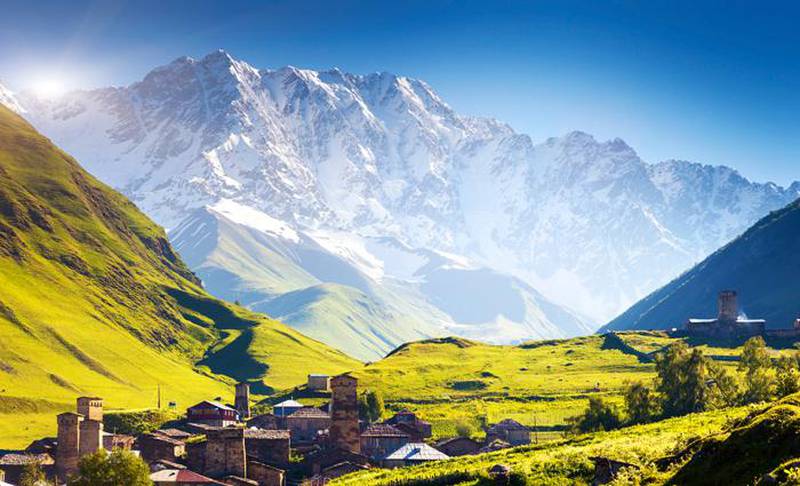 Ushguli that consists of four small villages located at the foot of Mt. Shkhara and Enguri gorge. Upper Svaneti, Georgia, Europe. Caucasus mountains. Beauty world.