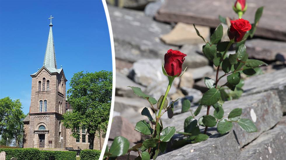 Roser utanför Hole kirke, 10 år efter terrorangreppet på Utöya. Minneshögtid hålls i Kungshamns kyrka, Sverige.