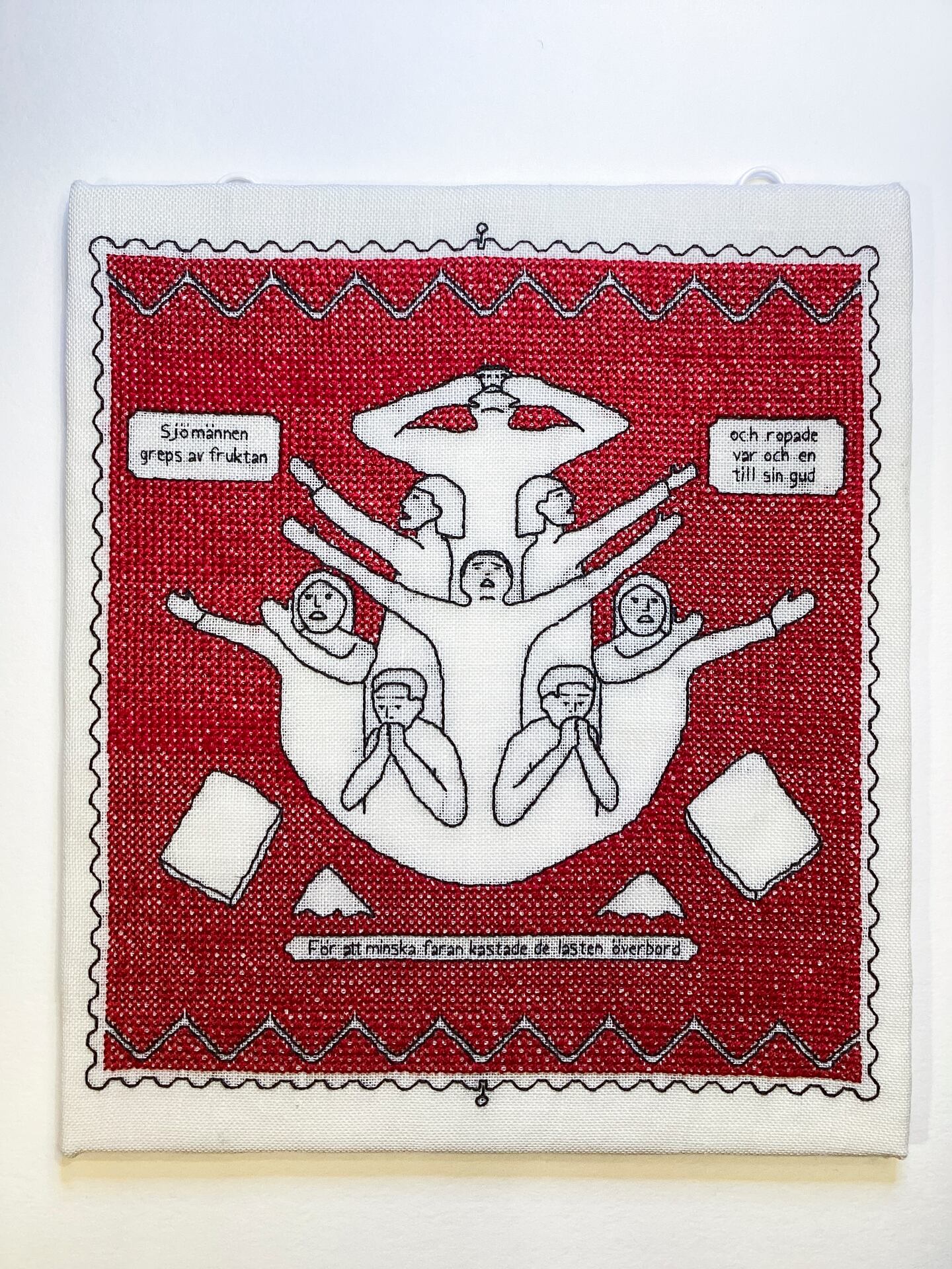 Erika Cyrillus, präst, har broderat Jona bok och ställer ut sina verk.