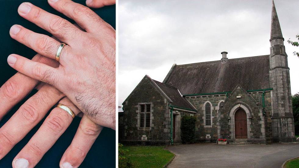 Två manliga händer med vigselringar. Metodistkyrka i Irland.