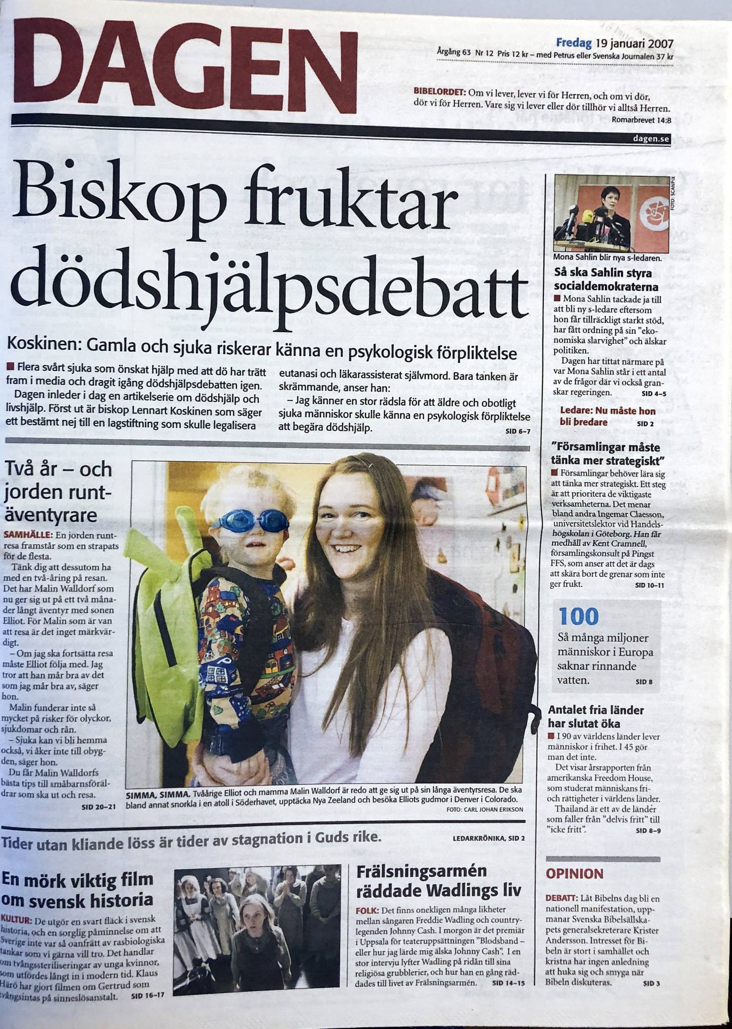 Förstasida tidningen Dagen, 19 januari 2007.